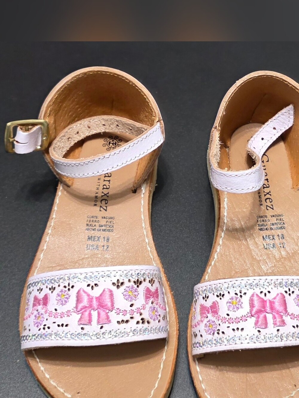 Kids White Leather  Coquette Sandals with Pink Bow Detail